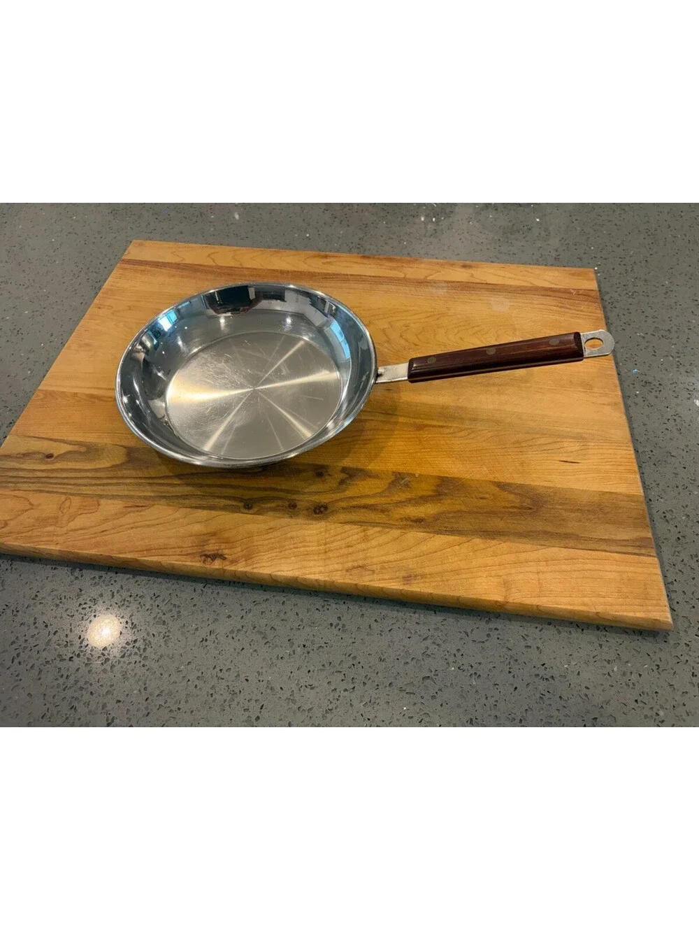 Vintage Stainless Steel 10 Inch Skillet Fry Pan Wood Handle Mid-Century Cookware